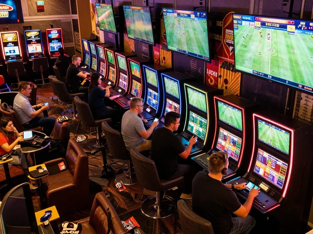 Người chơi LUCK8 đang tận hưởng cá cược thể thao trên các thiết bị di động trong không khí casino sôi động.