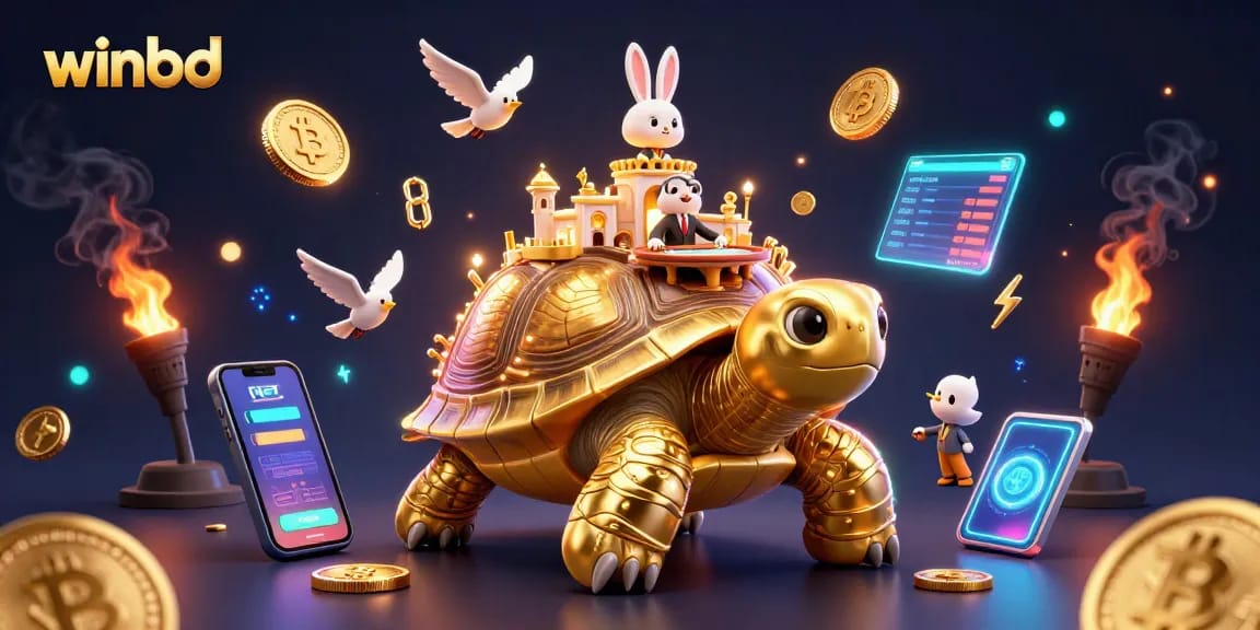 Engage in exciting online gaming with winbd featuring a golden tortoise casino and vibrant 3D coins.