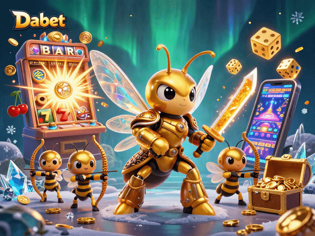 Dabet engages players with a dynamic 3D casino scene featuring vibrant slot machines and treasure