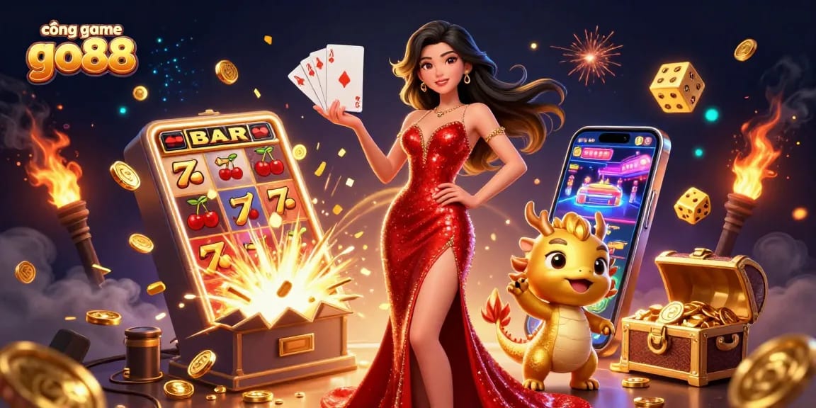 Engage at cổng game go88 with a stunning 3D illustration featuring rich casino elements and a confident character.