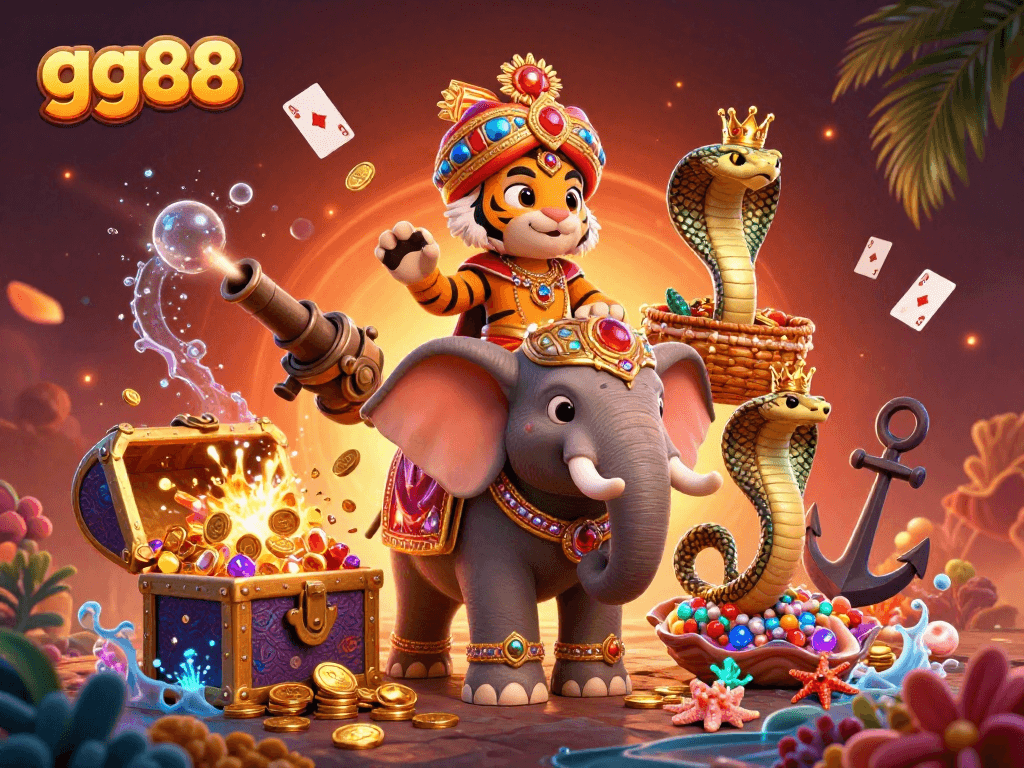 Win big at gg88 with vibrant 3D illustrations of games, treasure, and exotic characters.