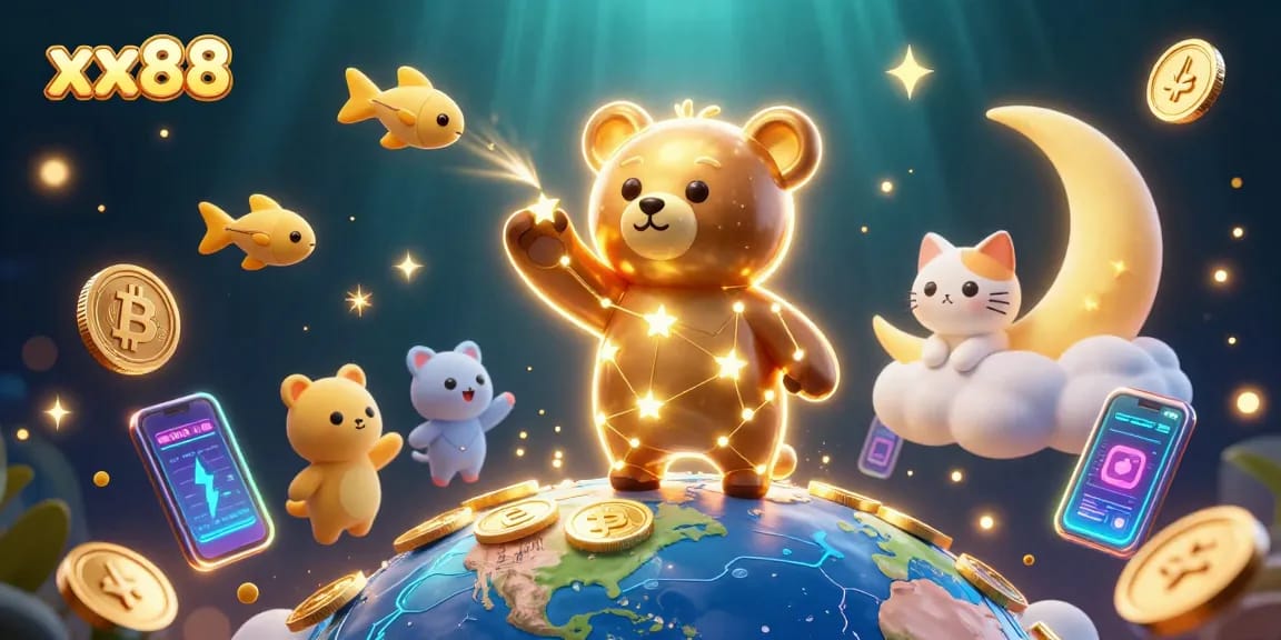 Engage in the xx88 experience with enchanting stars, coins, and crypto elements in a vibrant 3D casino world.