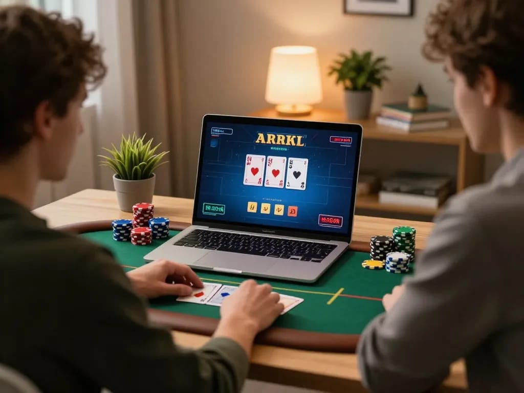 Player enjoying a thrilling dh88 poker game from home, showcasing cards and chips on their laptop screen