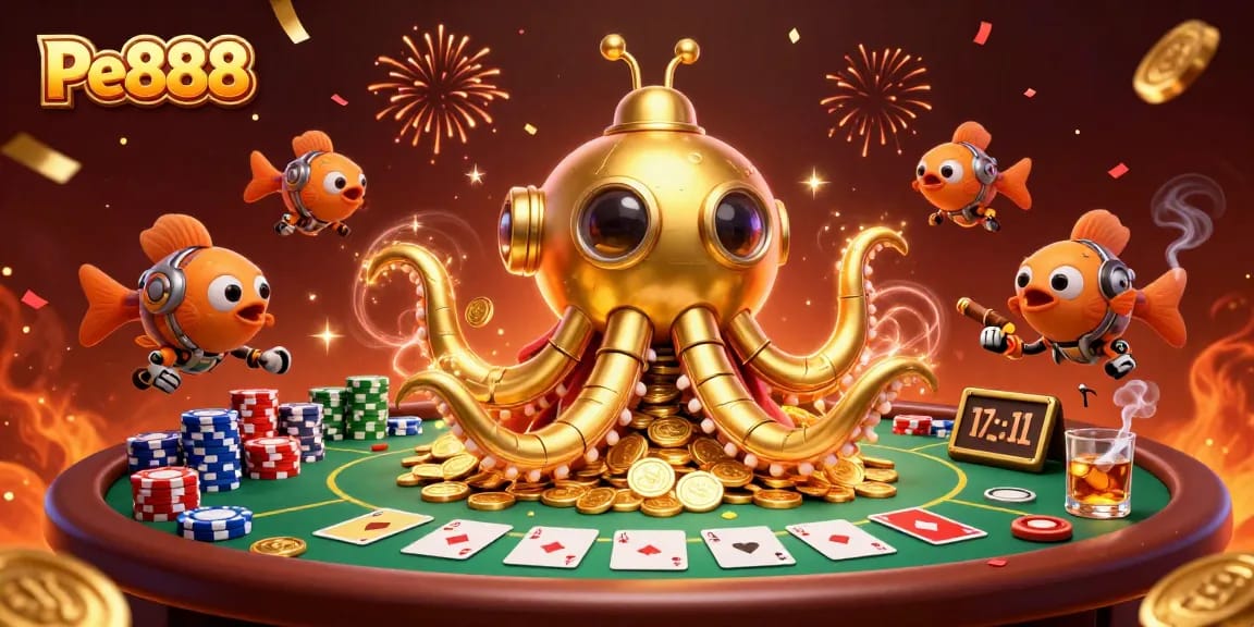 Pe888 showcases a golden kraken submarine amidst a sea of coins, enhancing the casino experience.