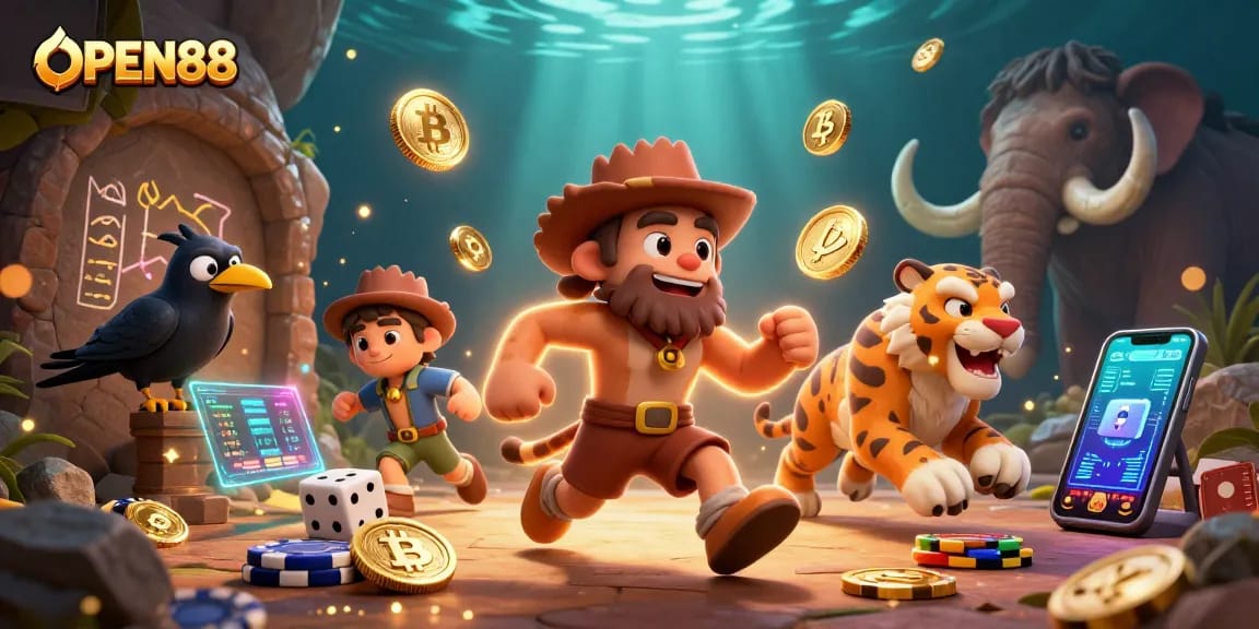 Engage with OPEN88 in a vibrant prehistoric casino featuring Bitcoin elements and dynamic 3D characters.