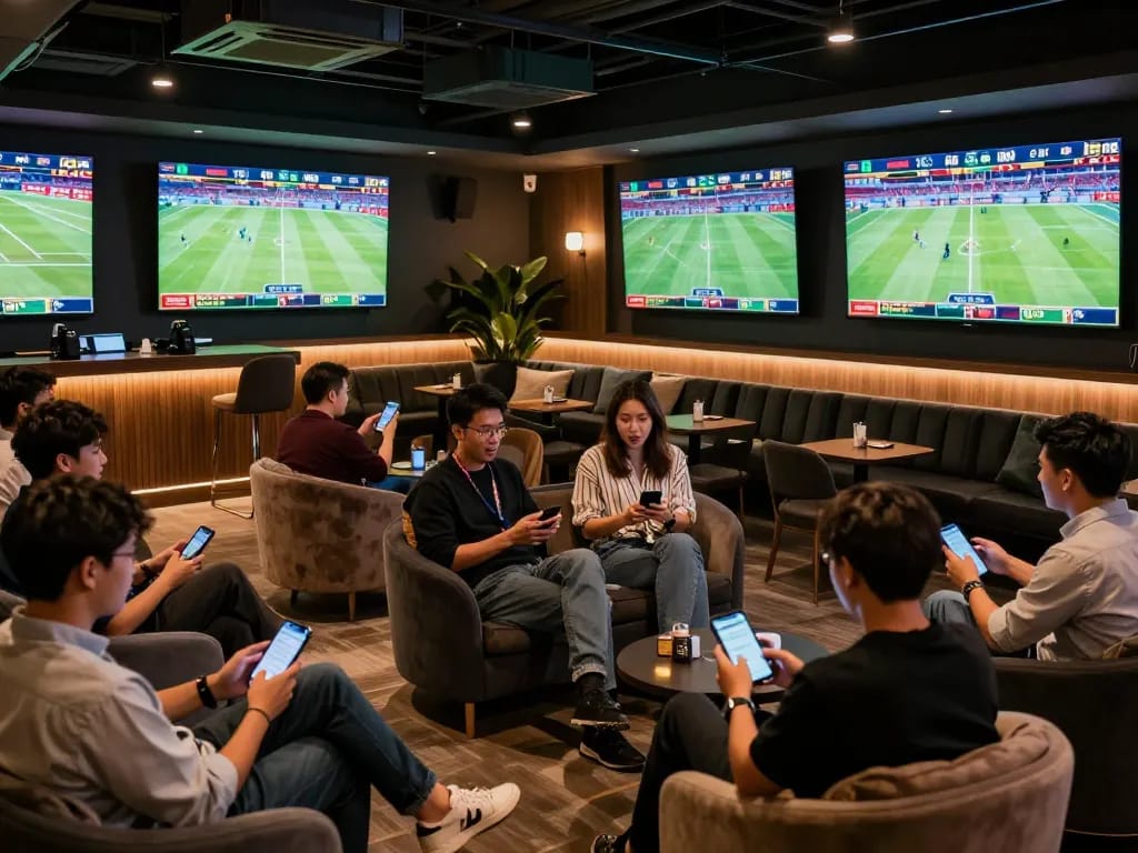 Kèo nhà cái 5 chuẩn seen in a vibrant sports betting lounge with fans engaged in live betting.