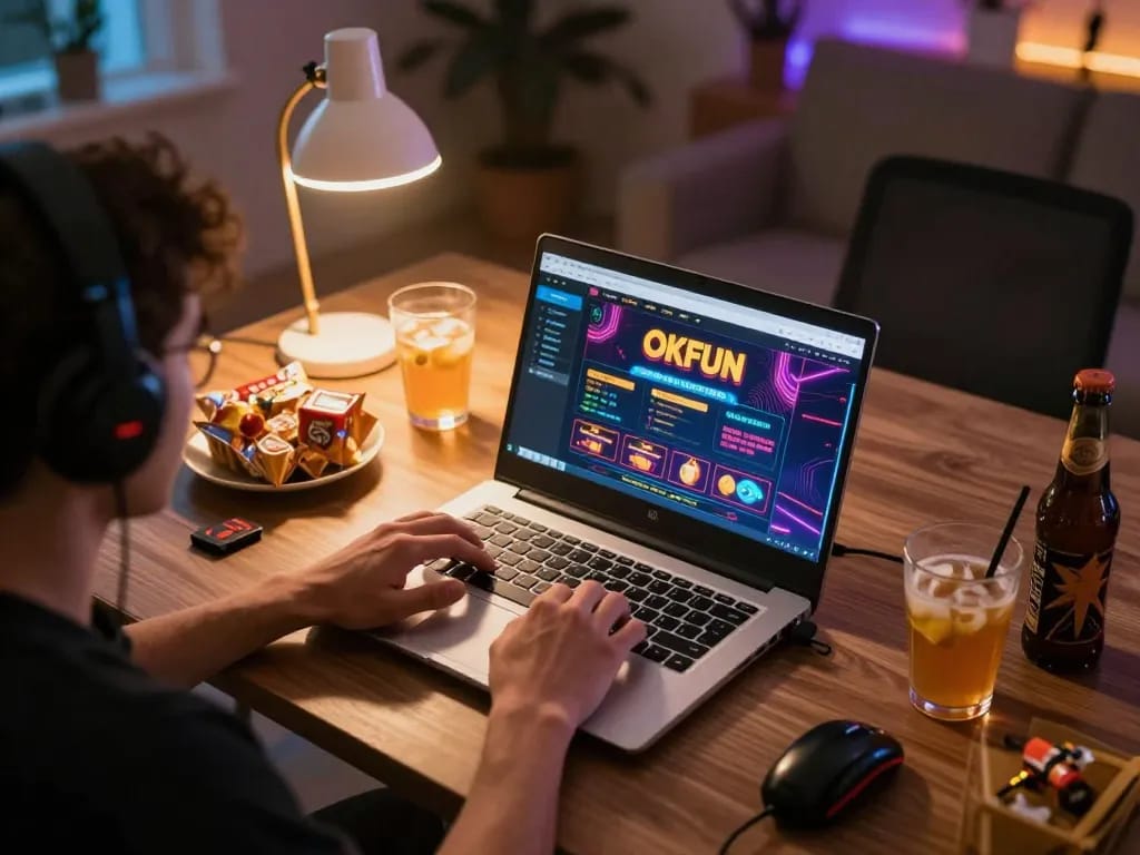 Engaged player exploring live dealer games on OKFUN at home, showcasing a strategic online gambling setup.