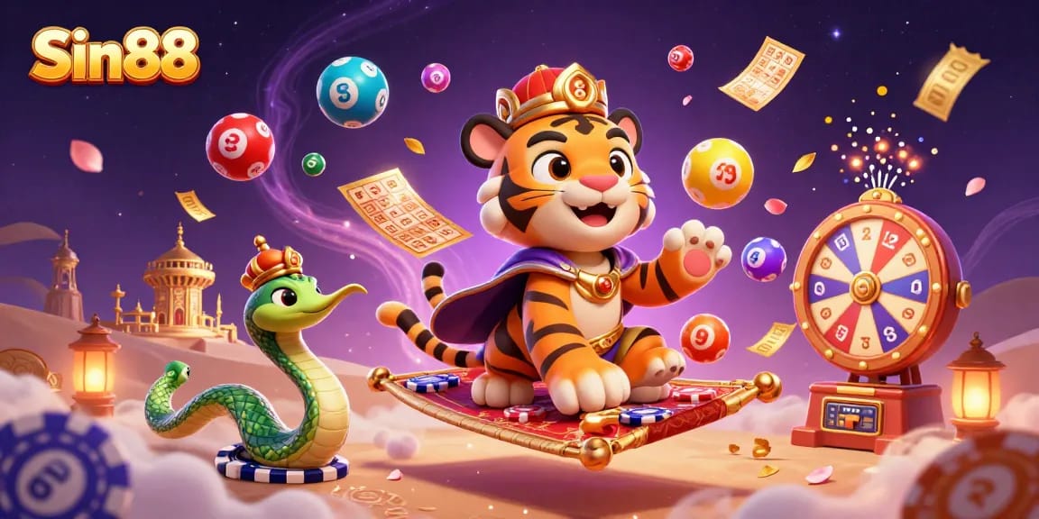 Experience the thrill at Sin88 with animated games, colorful lottery balls, and magical characters.