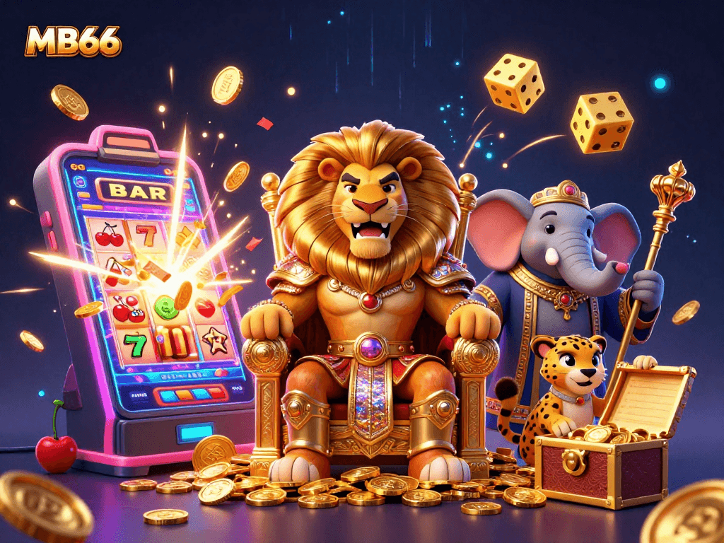 Experience excitement at MB66 with a lively casino scene featuring a lion king and dynamic games.