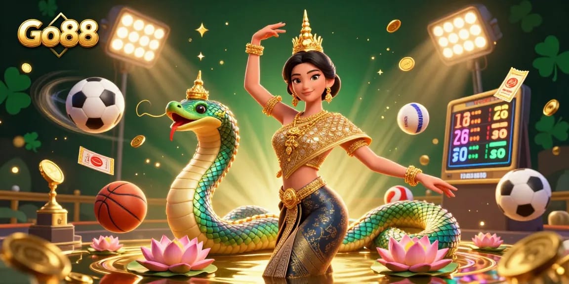Experience thrilling gaming at Go88 with a vibrant scene featuring casino elements and lively characters.