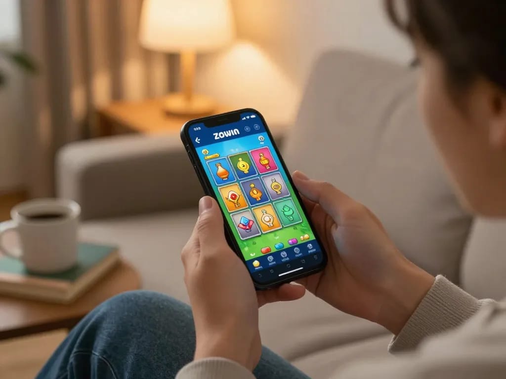 ZOWIN tải mobile app shown on smartphone screen in a cozy gaming setting, emphasizing comfortable home entertainment