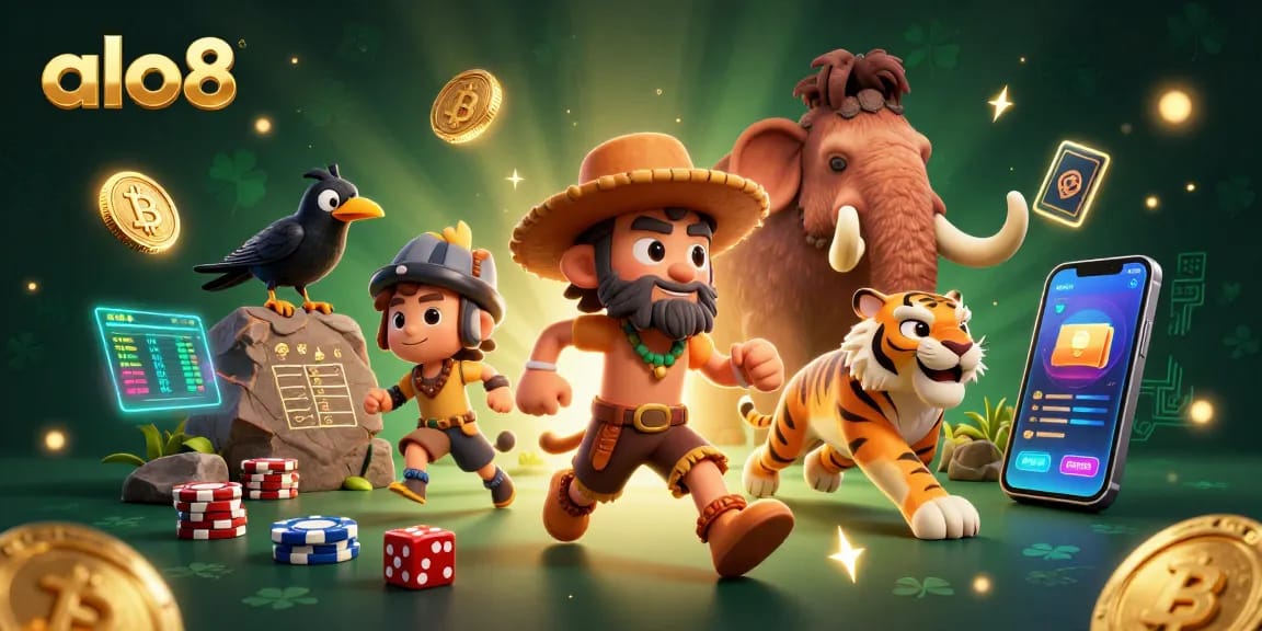 Spin virtual jackpots at ALO8's prehistoric casino with lively cavemen and crypto coins.
