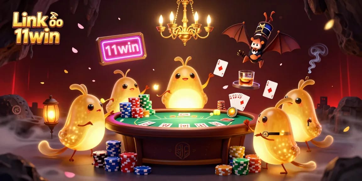 Experience thrilling gaming with Link vào 11win at this vibrant 3D casino illustration featuring animated characters.