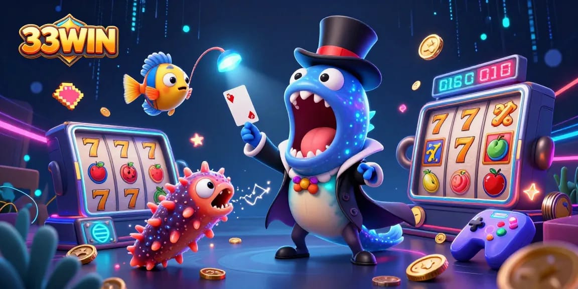 Engage with 33WIN's vibrant casino magic featuring a bioluminescent eel and captivating game elements.