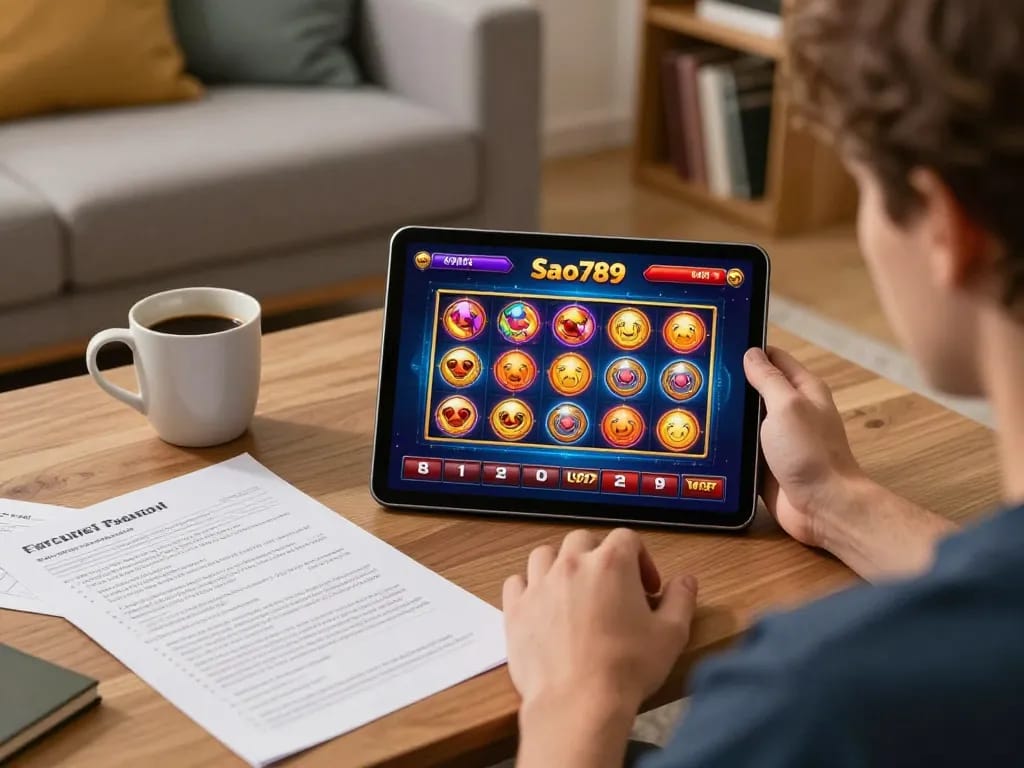 Sao789 app displayed on tablet during online gaming session, cozy home atmosphere with strategic notes.