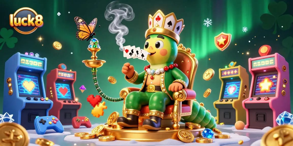 Engage with luck8's vibrant online gaming scene featuring a creative caterpillar character blowing poker symbols.