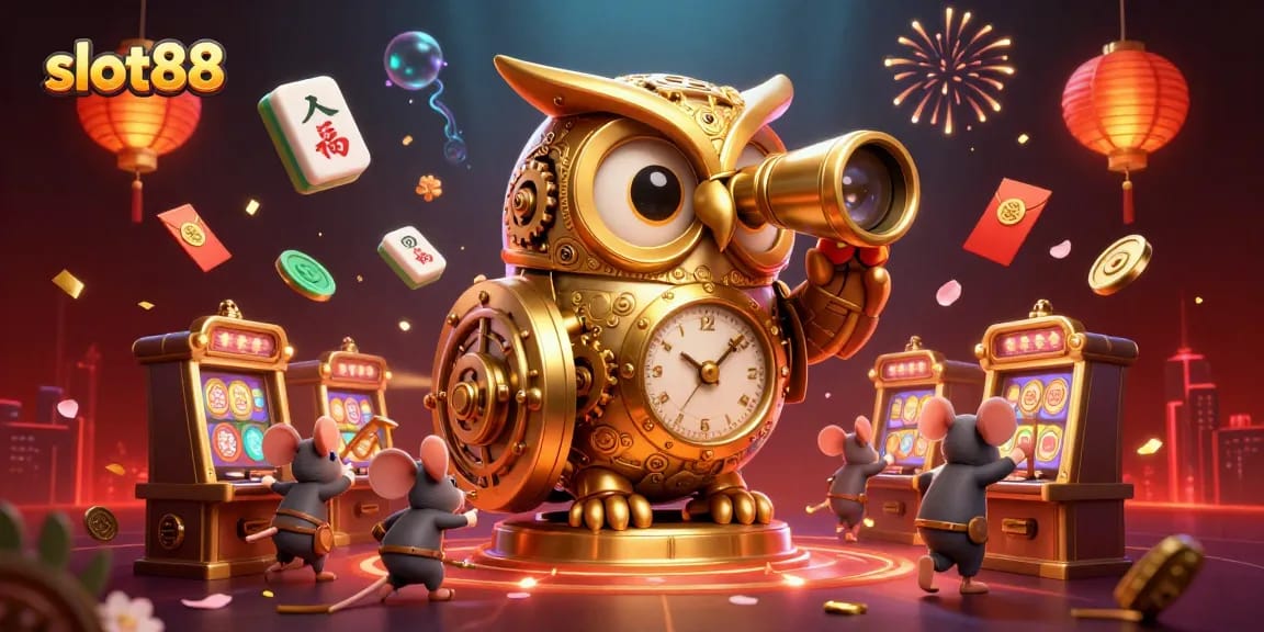 Engage with slot88's thrilling gameplay illustrated by an owl overseeing a vibrant casino scene filled with dynamic game elements.