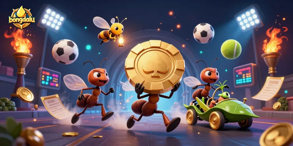 Bongdalu's cartoon ants execute a thrilling heist with oversized poker chips amidst dynamic sports elements.