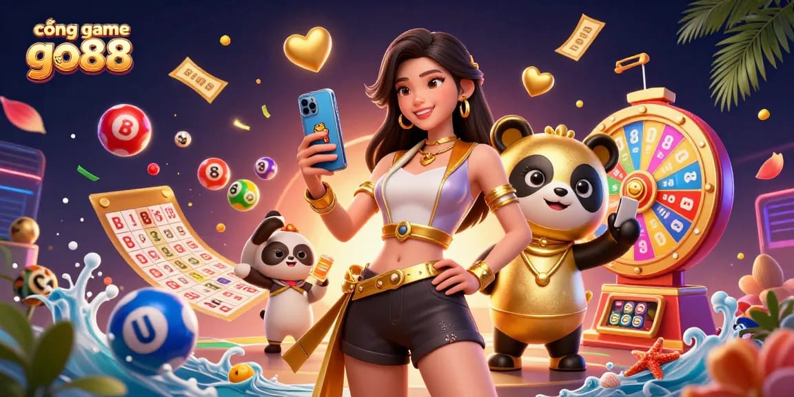 Play exciting games at cổng game go88, where vibrant lottery balls swirl around a charming woman and a playful panda.