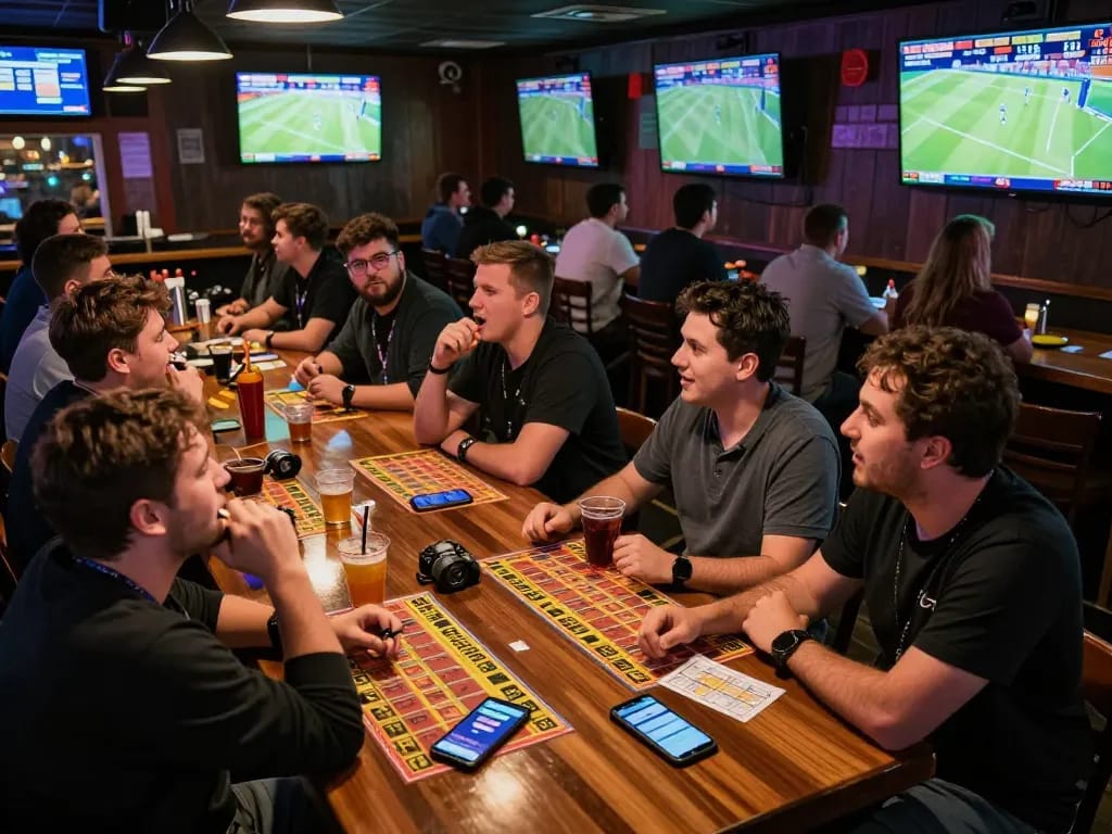 Kèo nhà cái sports betting scene with friends strategizing and watching live games on multiple screens