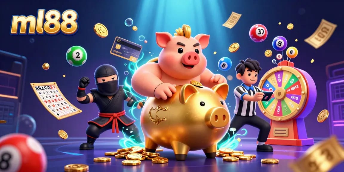 Engage in the excitement of ml88 with a dynamic 3D scene featuring a golden piggy bank sumo wrestler amidst a cascade of colorful lottery elements.