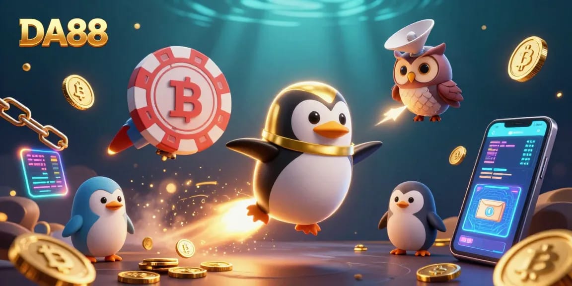 Experience DA88's vibrant gaming universe with a golden penguin racing through a cosmic casino realm.