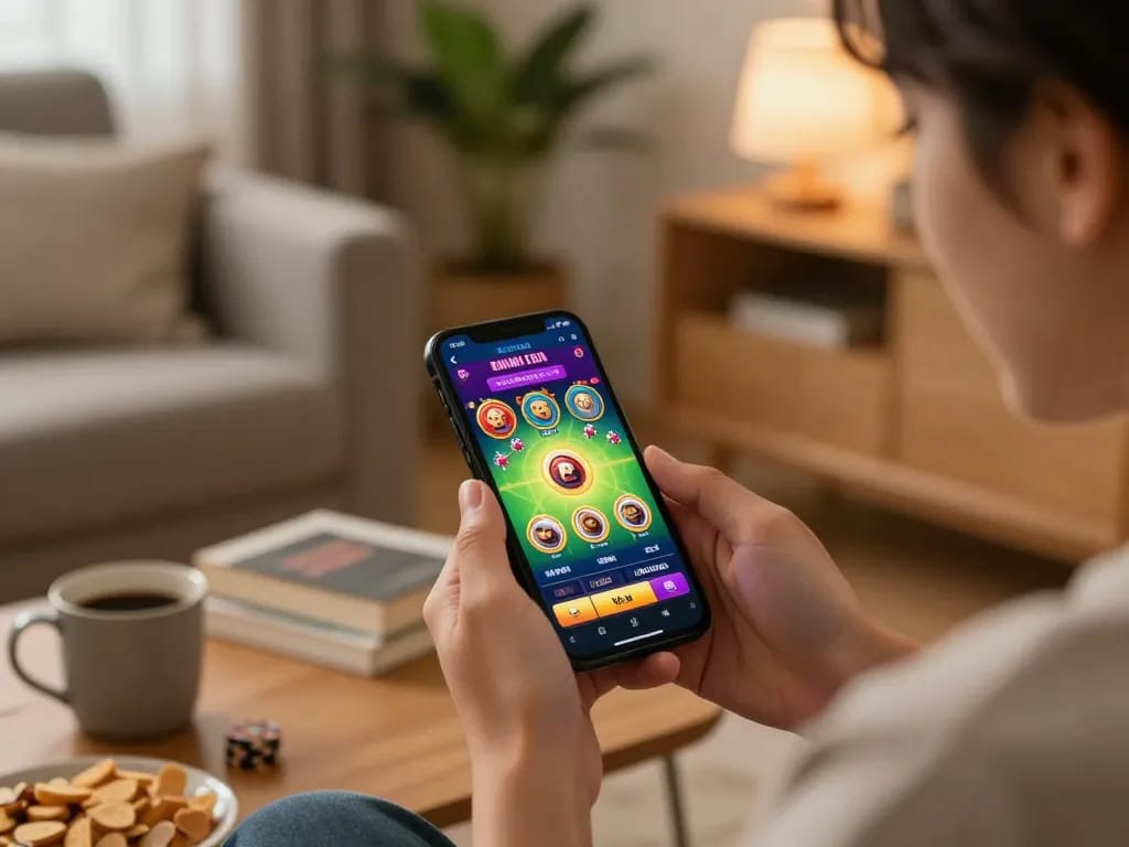 Enjoying game bài đổi thưởng through a mobile app in a cozy home setting
