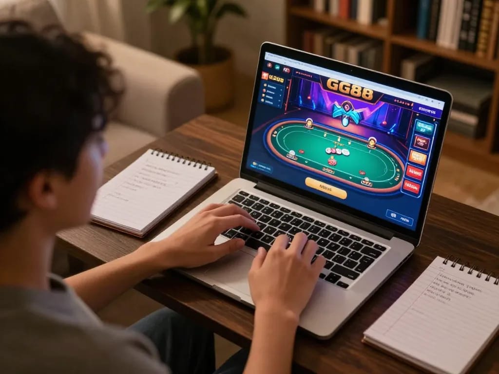 Engaging gaming session on GG88 casino platform with vibrant poker action on a laptop