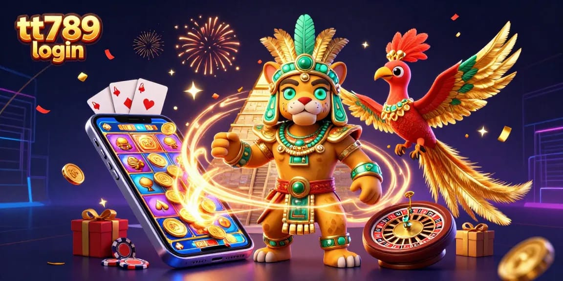 Rasakan kegembiraan bermain dengan tt789 login saat karakter Maya merayakan di tengah permainan slot dan elemen kasino yang semarak.
