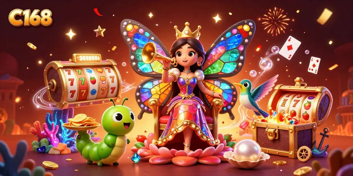 C168 engages players with vibrant casino excitement featuring butterfly queen and slot reels.