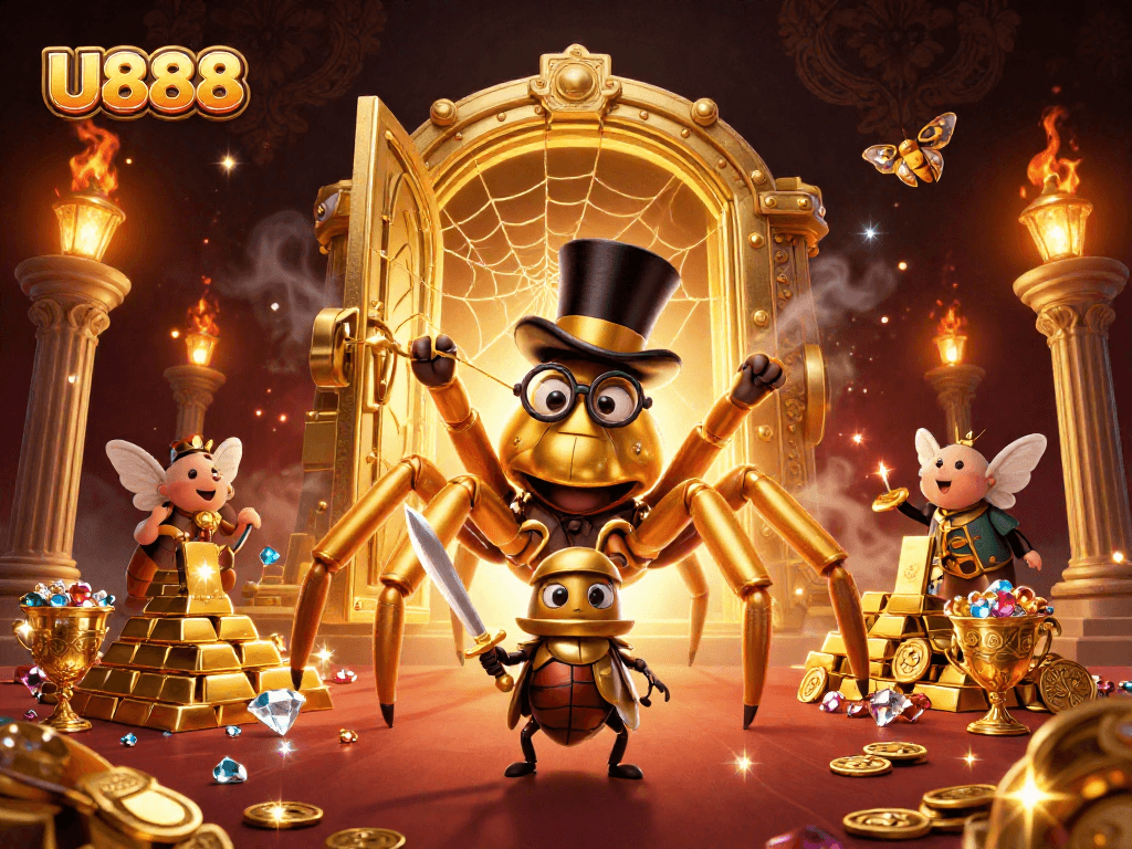 Engage with the vibrant world of U888, featuring a golden tarantula and beetle knight amidst treasure.