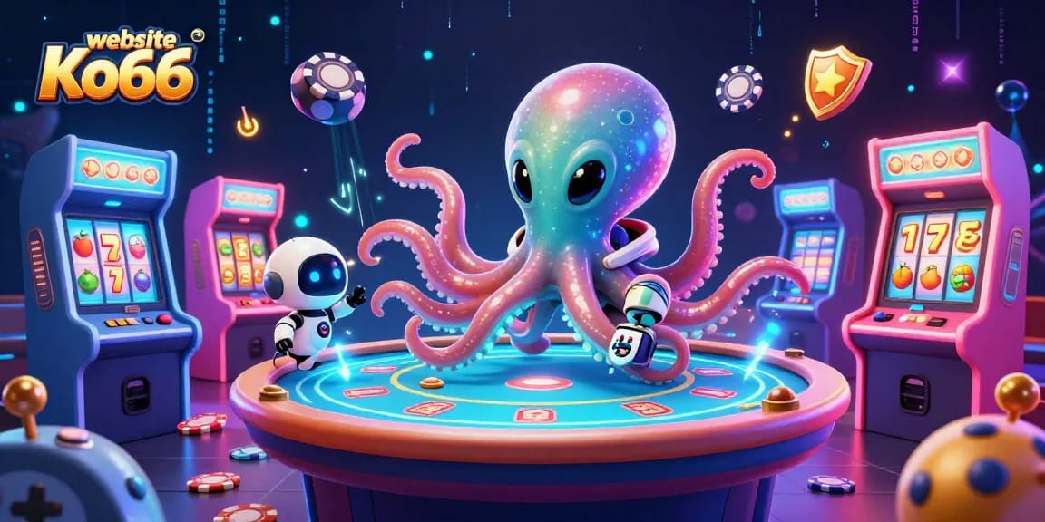 Engage with website Ko66's vibrant gaming universe featuring an alien octopus at a poker table.