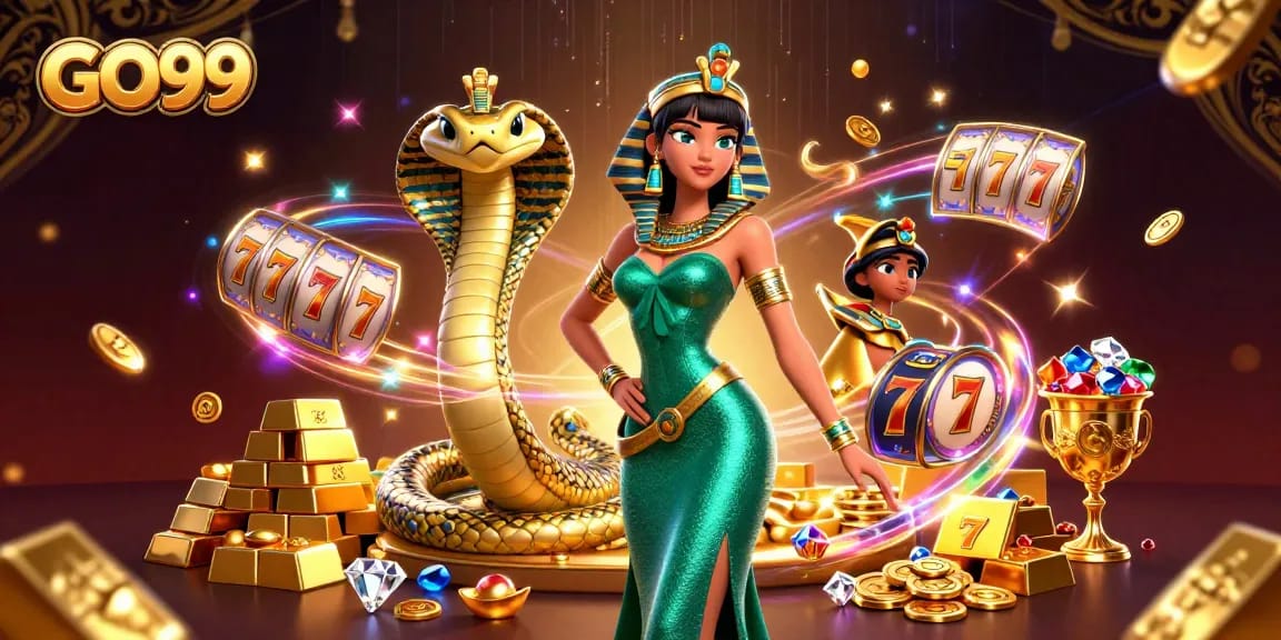 Experience thrilling gameplay with GO99, featuring enticing slot reels and golden treasures.