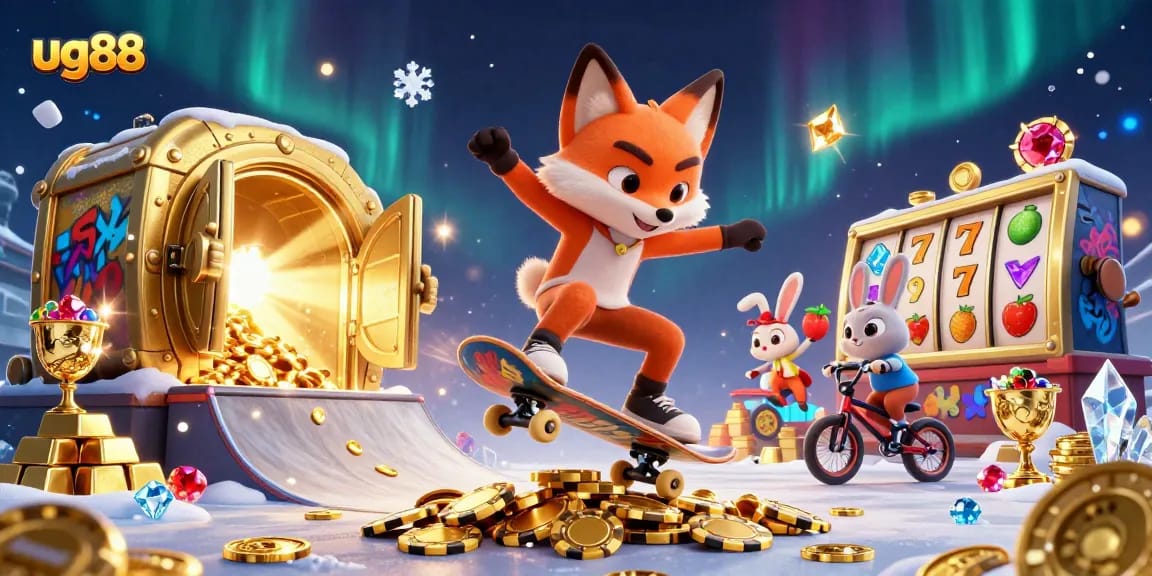 Engage with ug88's thrilling 3D casino art featuring a skateboarder fox and BMX rabbit.