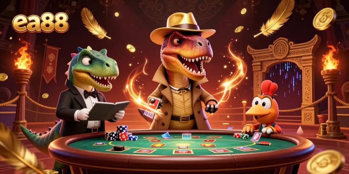 ea88 velociraptor card counter at blackjack table amid swirling casino elements, enriching the gambling scene.