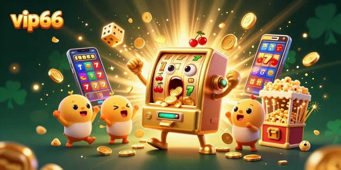 Experience vip66 excitement with a dazzling 3D slot machine hitting a jackpot amidst flying coins and cheering characters.