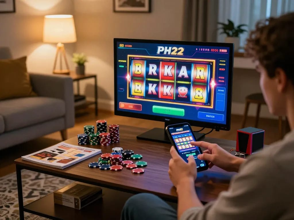 Player enjoying the PH22 mobile app for online slots in a cozy home setting