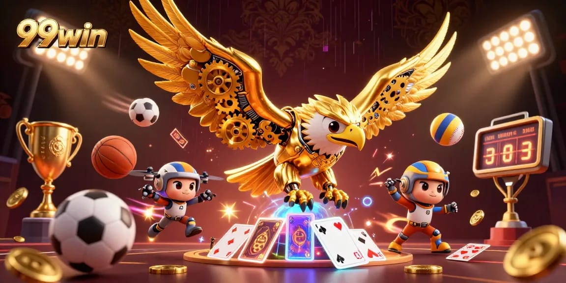 Experience thrilling wins with 99win's action-packed casino adventure illustration featuring sports elements.