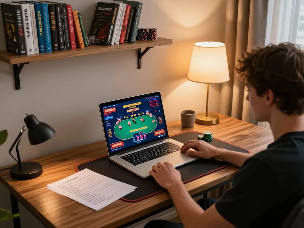 s666 player engages in strategic betting with an online poker game interface during a cozy home gaming session