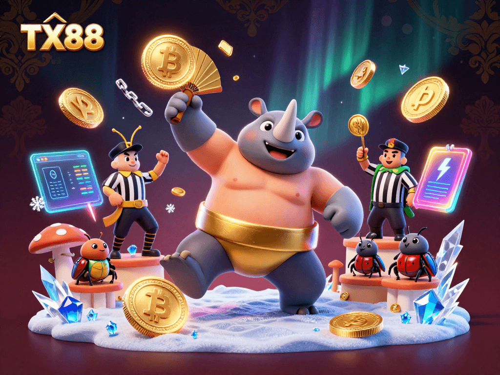 Experience thrilling wins at TX88 with a powerful sumo beetle stomping golden coins amidst vibrant crypto elements.