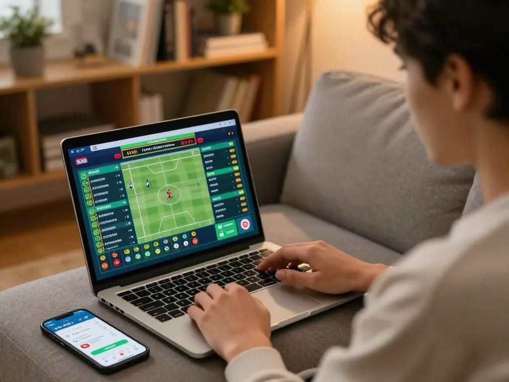 MISO88 user placing strategic bets on their laptop, showcasing the thrill of online gambling