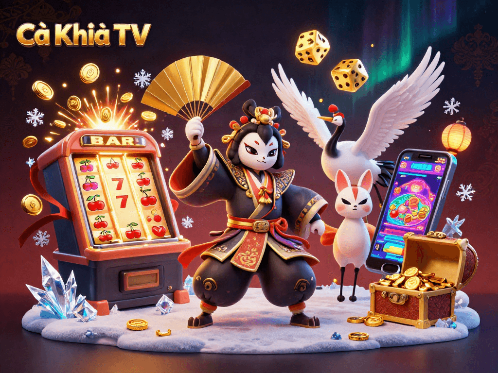 Cà Khịa TV presents an enchanting 3D casino scene with kabuki characters amid a thrilling jackpot explosion.