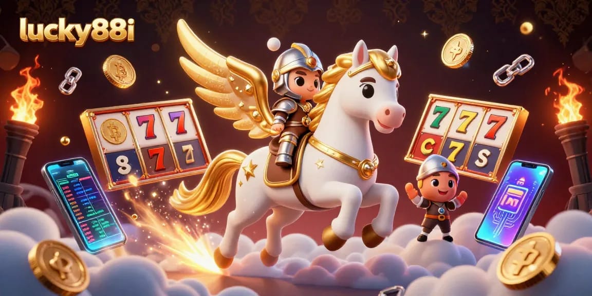 Engage with lucky88i's thrilling gaming experience featuring vibrant slot elements and cryptocurrency symbols.