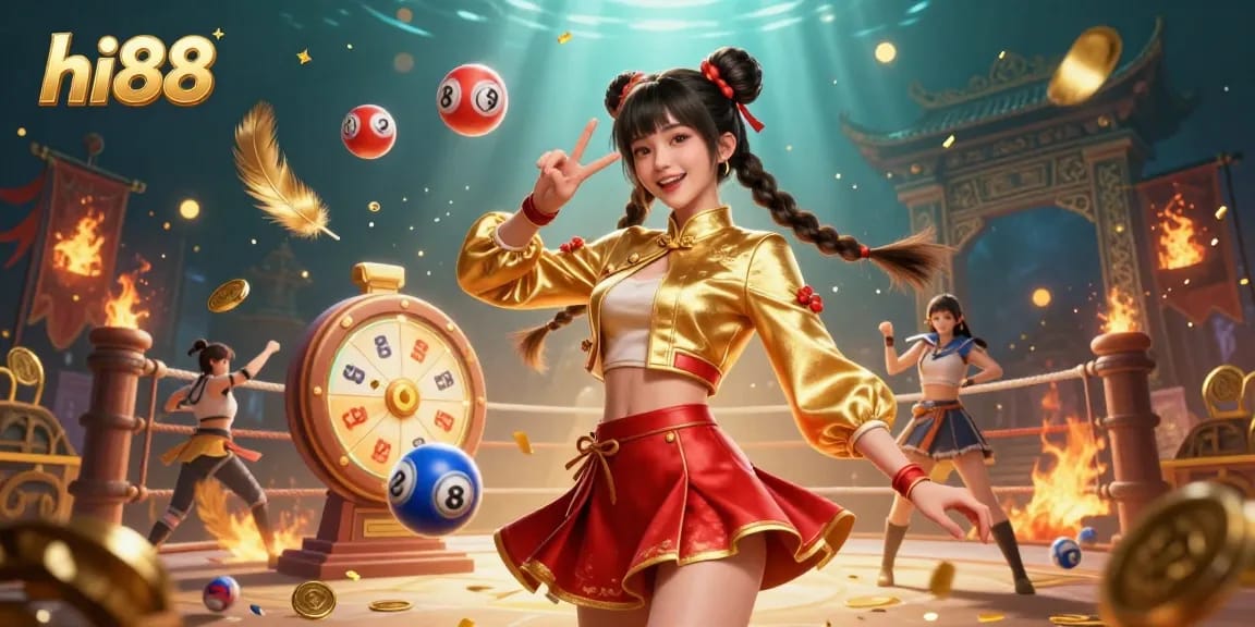 Win big with hi88 in a vibrant 3D casino scene featuring a joyful Asian woman and colorful lottery elements.