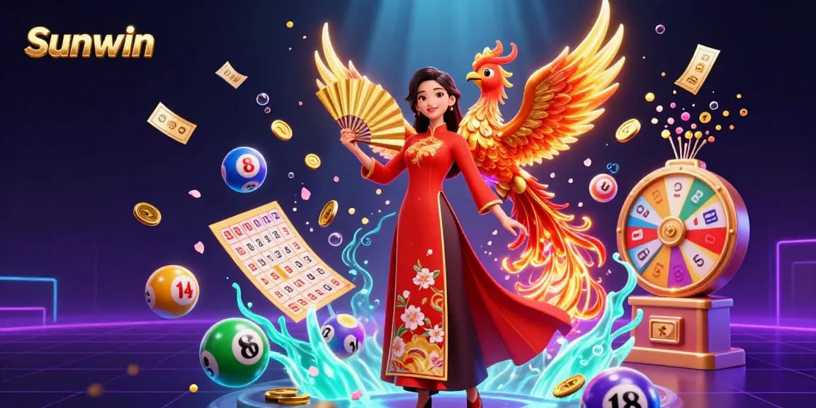 Experience the vibrant excitement of Sunwin casino games with a stunning 3D illustration depicting colorful lottery elements.