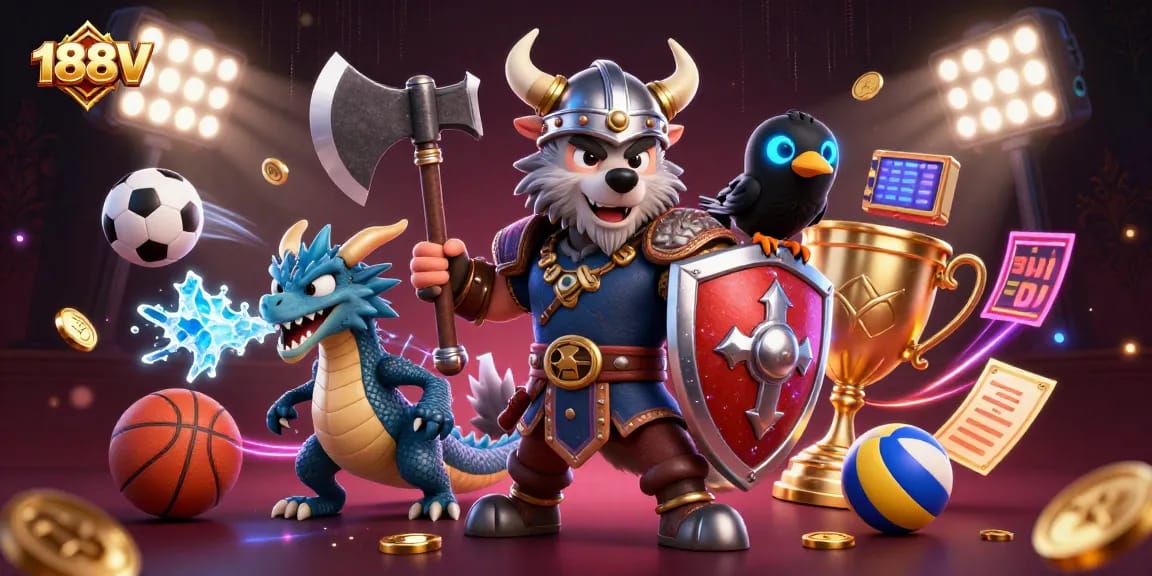 Engage with 188V and experience thrilling gaming action featuring a Viking warrior, dragon, and lively sports elements.