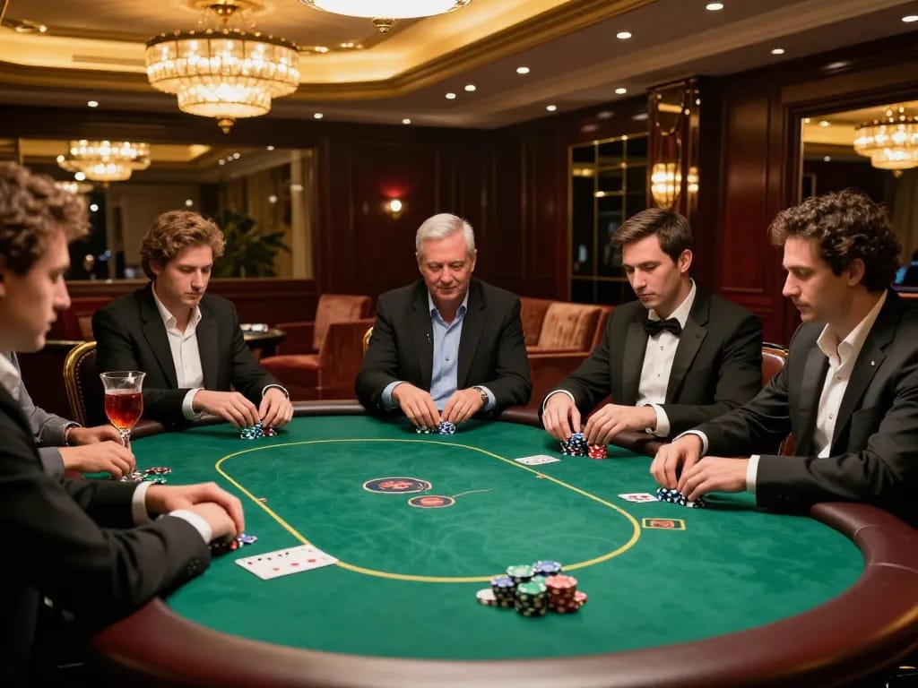 Players engaged in a strategic poker game at PUB88's luxurious casino table, revealing high-stakes tension.