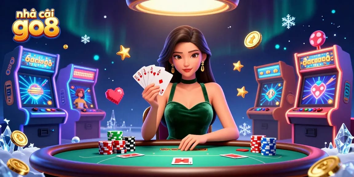 Experience the excitement of nhà cái go8 with a beautiful woman playing poker amidst a vibrant casino atmosphere.