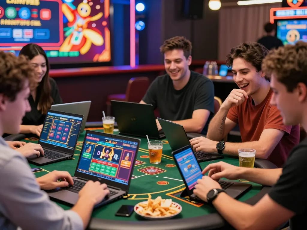 Friends enjoying MM88 online casino games at a lively table with laptops and drinks.
