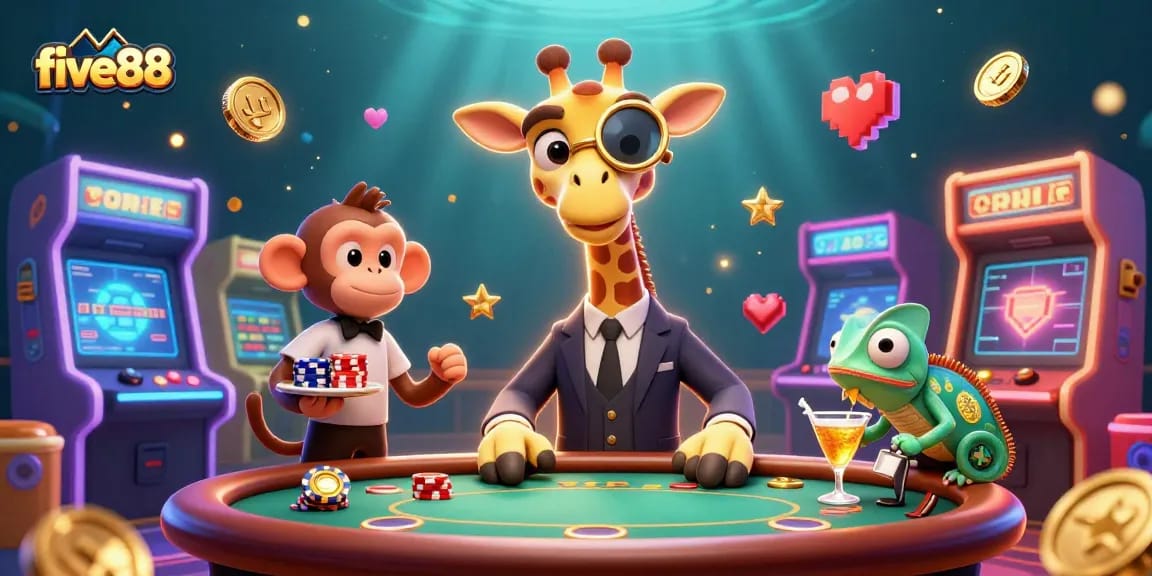 Experience the excitement of five88 with a vivid casino scene featuring a high-roller giraffe.